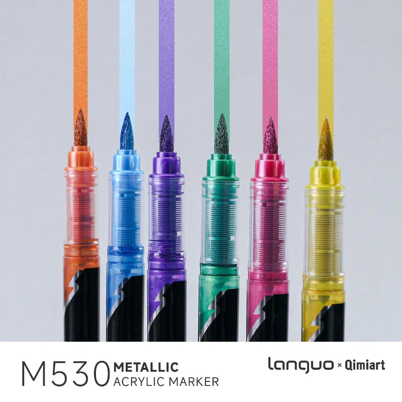 Languo 48 Colors Metallic Acrylic Marker Pen Set, Brush Tip,For Student DIY Graffiti Hand Drawn Paint Pens Stationery Qme