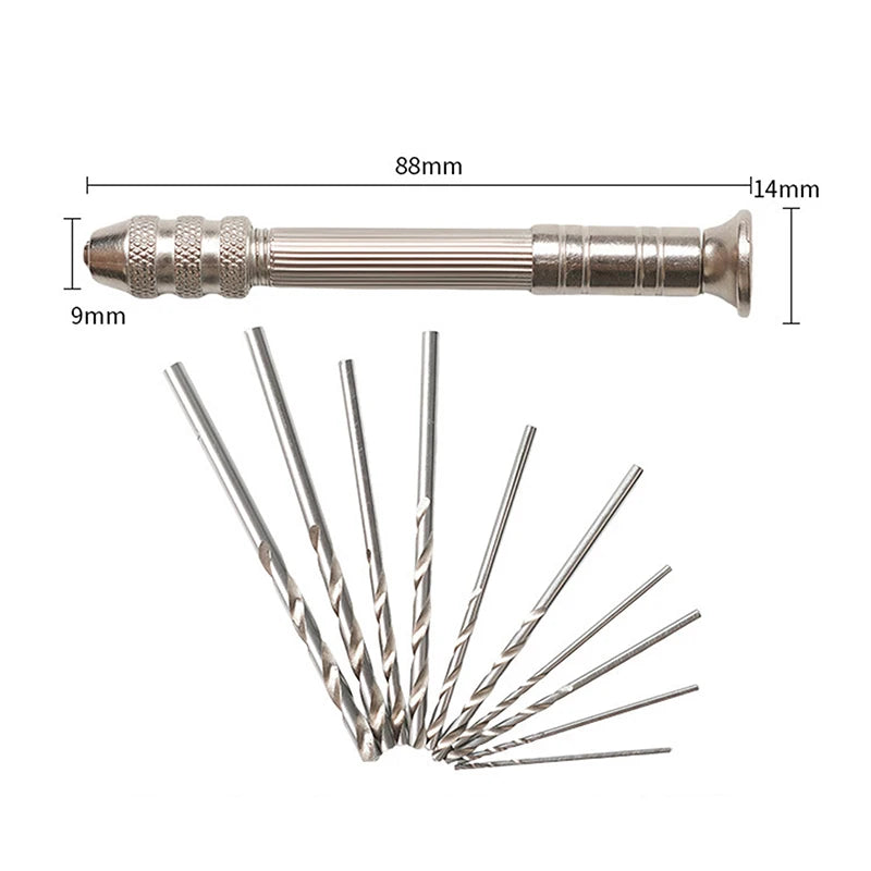11Pcs/Set 0.8-3.0mm Mini Hand Drill Drilling Rotary Tool Manual Twist Drill Bit Watchmaker Pin Vice Watch Repair Woodwork Tools Qme