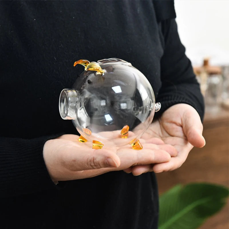 Gold Glass Pig Ornaments Portable Coin Bank Saving Box Mini Money Jar Qme