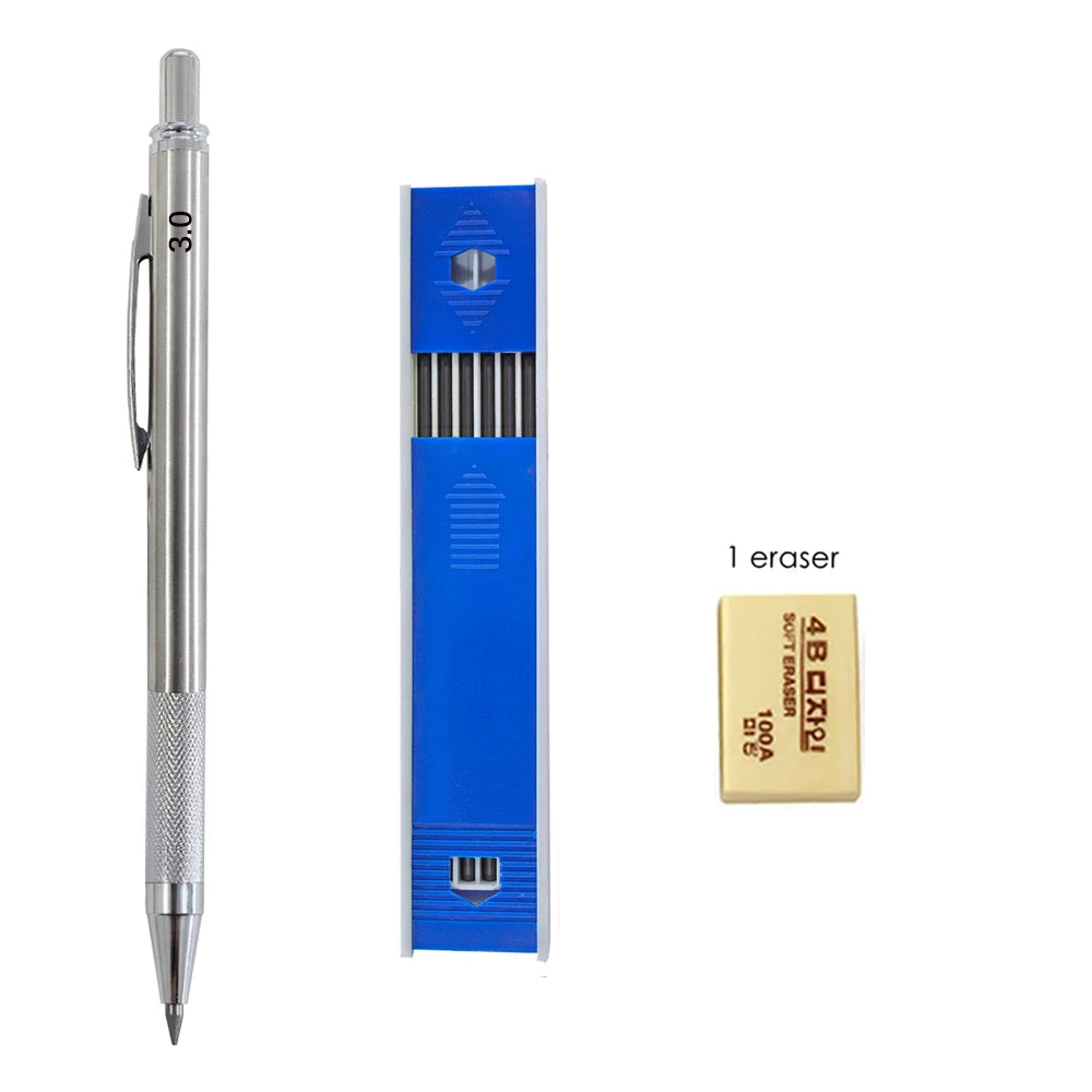 Mechanical Pencil Set 3.0mm Full Metal Art Drawing Painting Automatic Pencil with Leads Office School Supply Qme 3 pcs set A