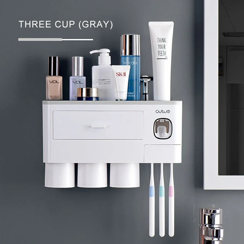 Magnetic Adsorption Inverted Toothbrush Holder Automatic Toothpaste Dispenser With Cup Toothpaste Bathroom Accessories Set Qme CF048-5