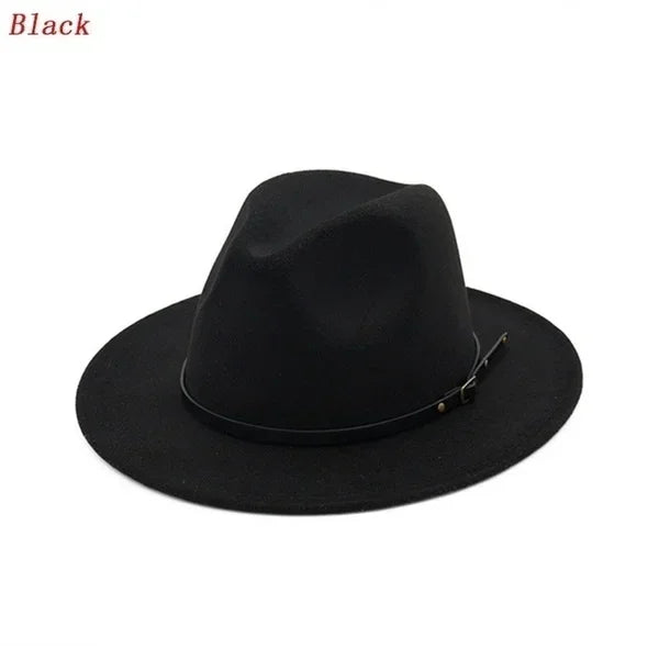 Men Women Fashion Vintage Simple Solid Wide Brim Felt Jazz Cap Church Qme Black