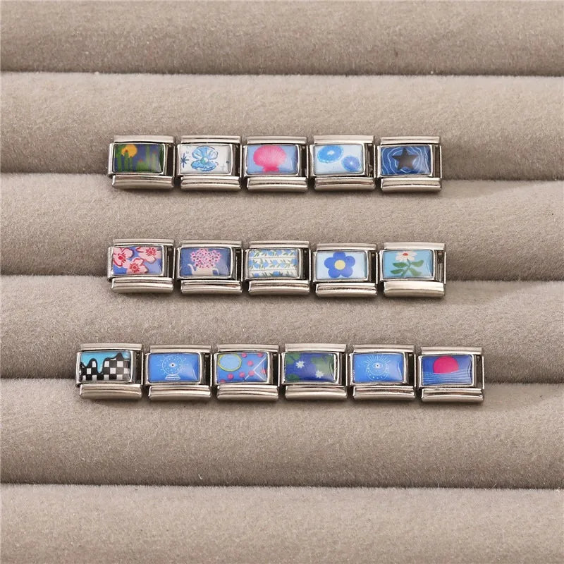 2025 Blue Lotus Leaf Sun Eye Cactus Italian Charm Link 9mm Sliver Modular Bracelet Stainless Steel DIY Gift Jewelry Wholesale Qme