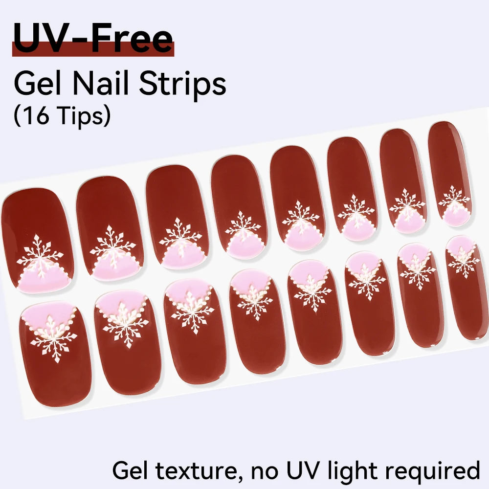 16Tips Pink Red French UV-Free Gel Nail Stickers Sparkly Shinning