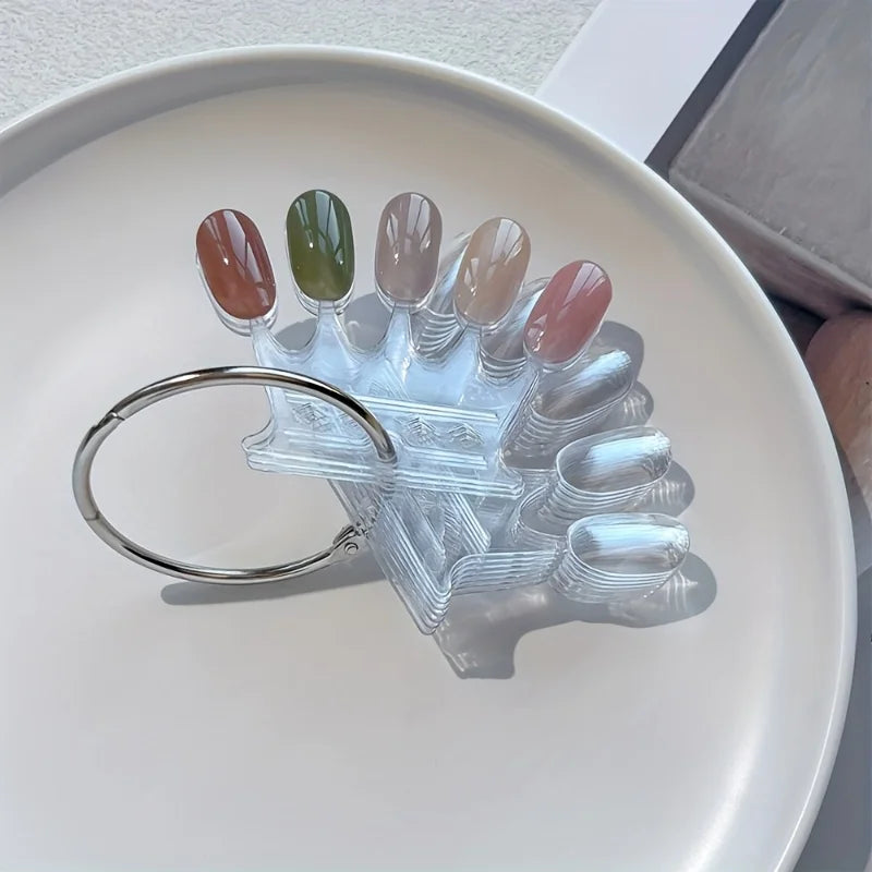 2 Sets 5-Finger Nail Color Display Card, Crown Shape Nail Swatch Sticks with Ring, Removable False Nail Tips Holder for Nail Art Qme Transparent -2sets