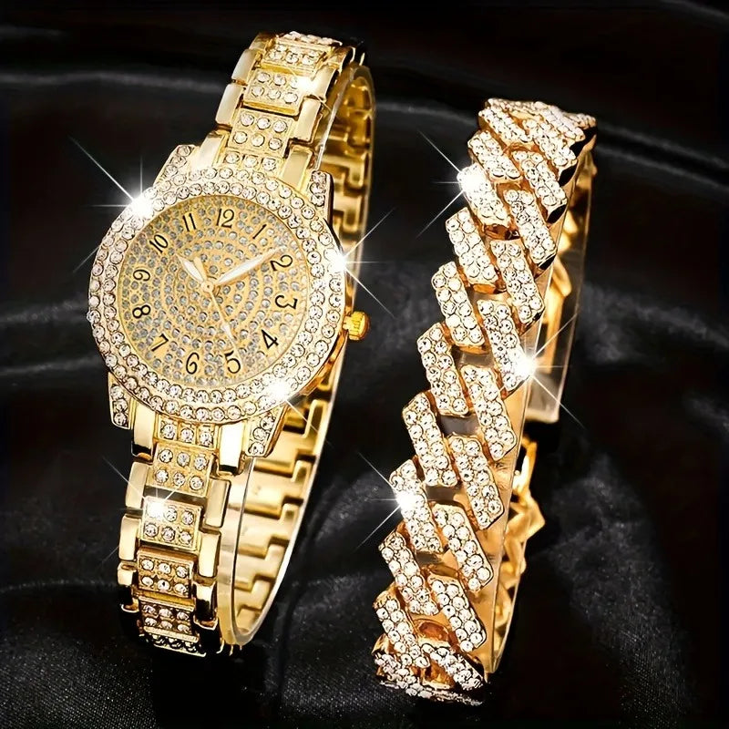 2PCS Luxury Rhinestone Women Watches Bracelet Set Fashion Arabic Dial Ladies Quartz Wristwatch Reloj Mujer Girls Clock Gift Qme