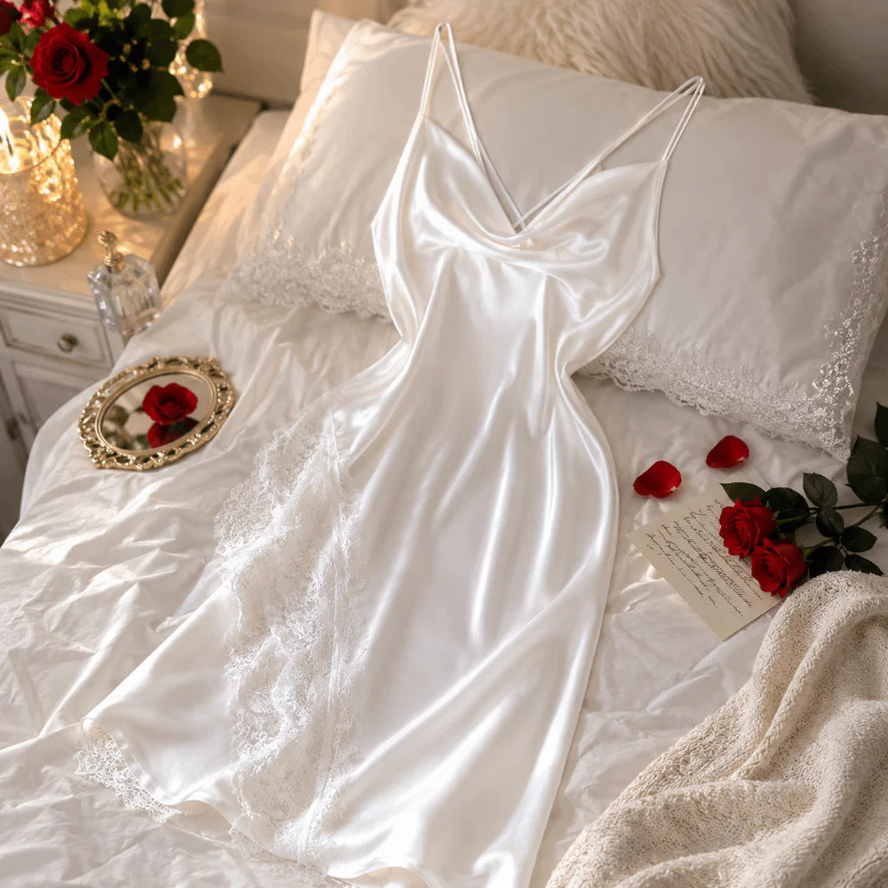 Home Wear Split Women Nightgown Beauty-back Spaghetti Strap Lace Qme