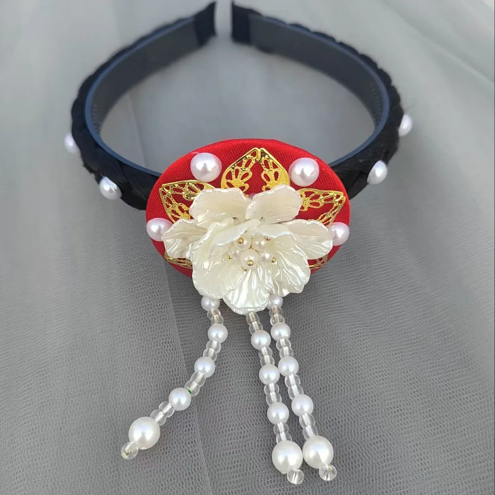 Fashion Flower Korean Headband Tassel Beaded Hanbok Hairband Pearl Qme Red