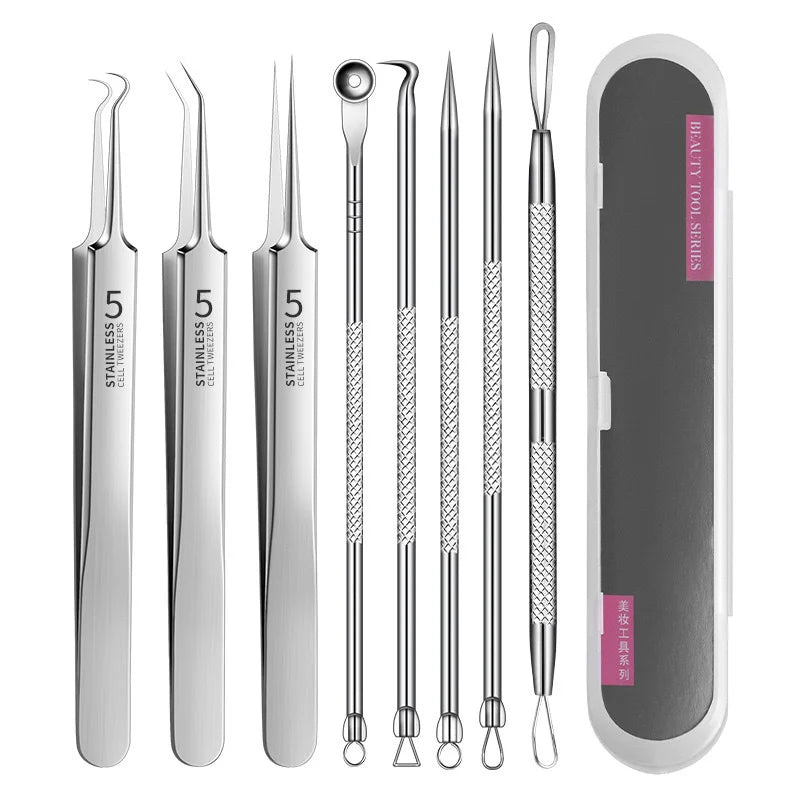 1set Stainless Steel Acne Clip Cell Clip Acne Needle Blackhead Needle Professional Blackhead Acne Needle Beauty Makeup Tool Suit Qme 8pcs set with box