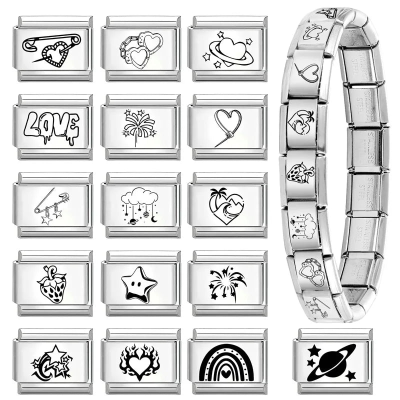 2026 Design Planet Stars Heart Planet Laser Engraving Italian Charm Links Stainless Steel Fit 9mm Bracelet Jewelry DIY Making Qme