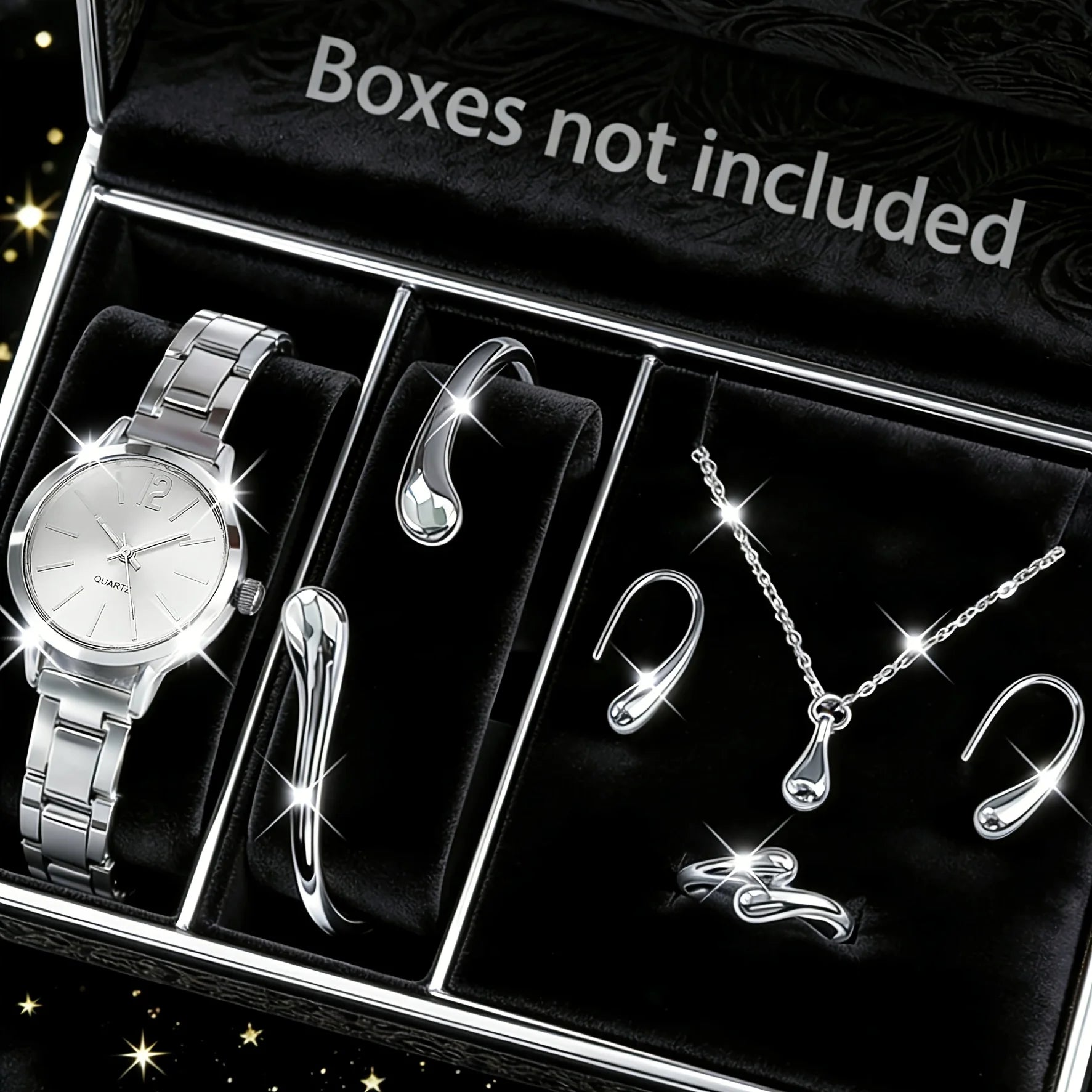 Women's Elegant Jewelry Set: Gold Quartz Watch + Bangle + Ring + Drop Pendant Necklace + Earrings, 6Pcs Set Qme Silver