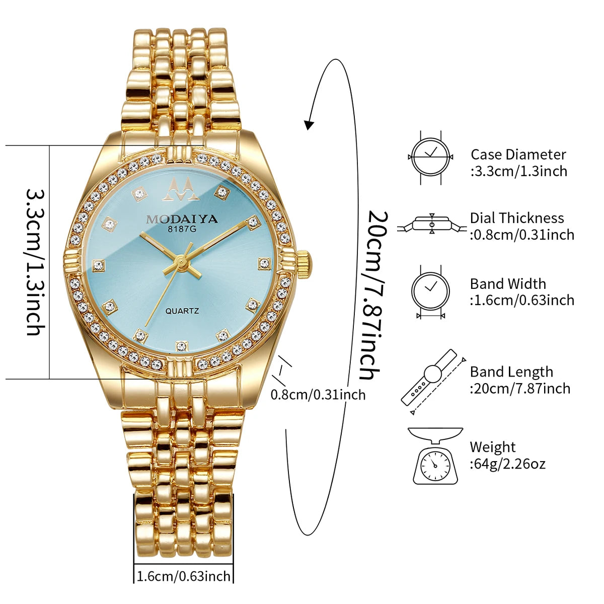 Luxury Women's Quartz Watch, Rose Gold Tone with Crystal Bezel, Light Blue Dial, Elegant Style Qme