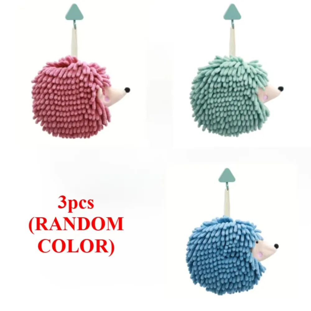 Chenille Fuzzy Ball Hand Towels Hedgehog Cartoon Towels Absorbent Funny Hanging Hand Drying Towel with Loop for Bathroom Kitchen Qme 3PCS(Random)