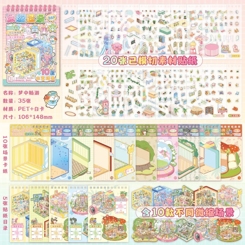 35 Pcs Scene Cartoon Diy 3D Landscape Sticker Book Cabin Scene Pocket Sticker Festival Birthday Gift to Student Kid Child Qme A