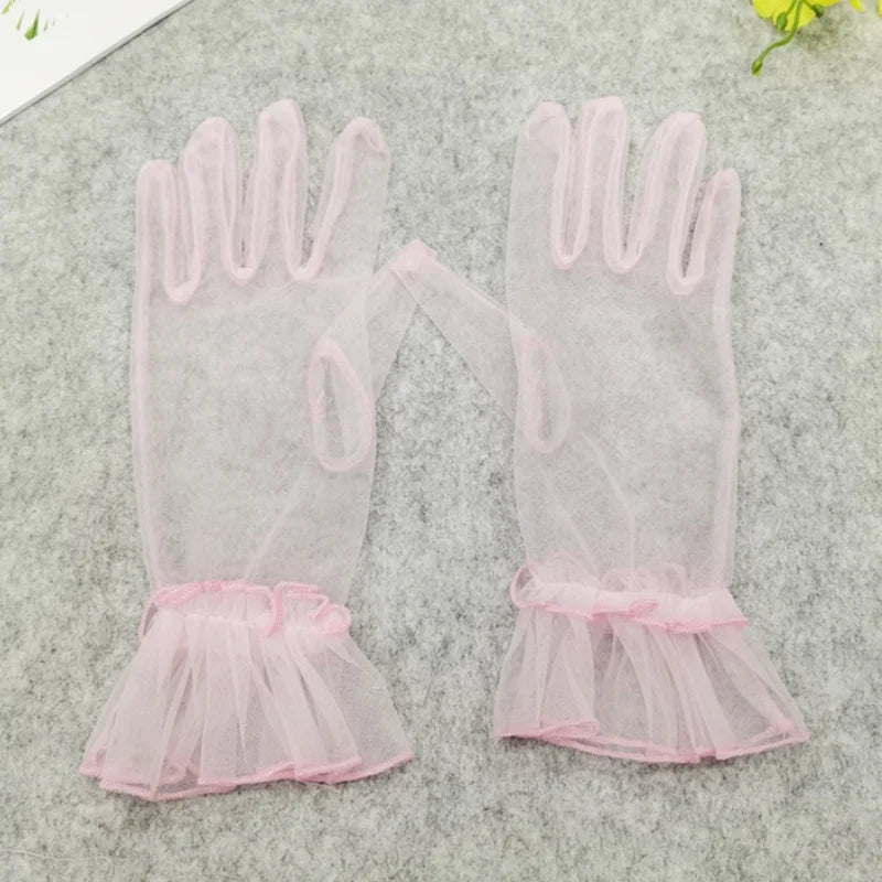 Women Black Lace Gloves Ultra Thin Tulle Wedding Bride Dress Driving Qme pink One Size