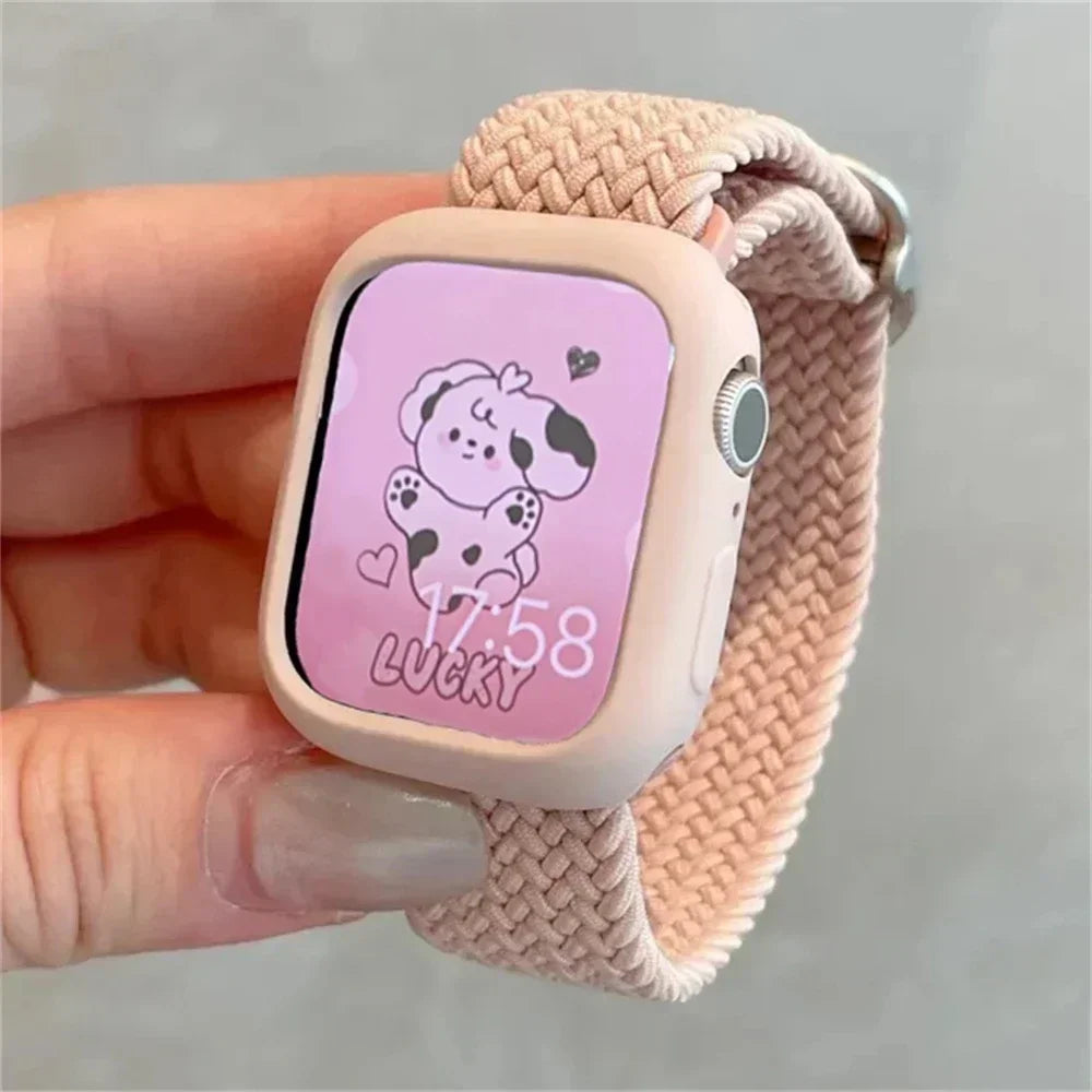 Korean Cute Braied Strap + Case For Apple Watch Band 49mm 41mm 45 44 38 42 Nylon Bracelet For iWatch Series 9 8 7 6 5 4 3 SE 40 Qme