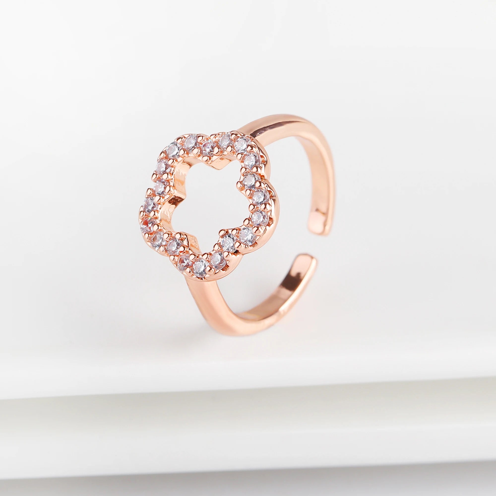 Fashion Cubic Zirconia Five Leaf Flower Open Adjustable Ring Simple for Woman Girl Party Wedding Finger Jewelry Daily Wear Qme Gold Rose resizable
