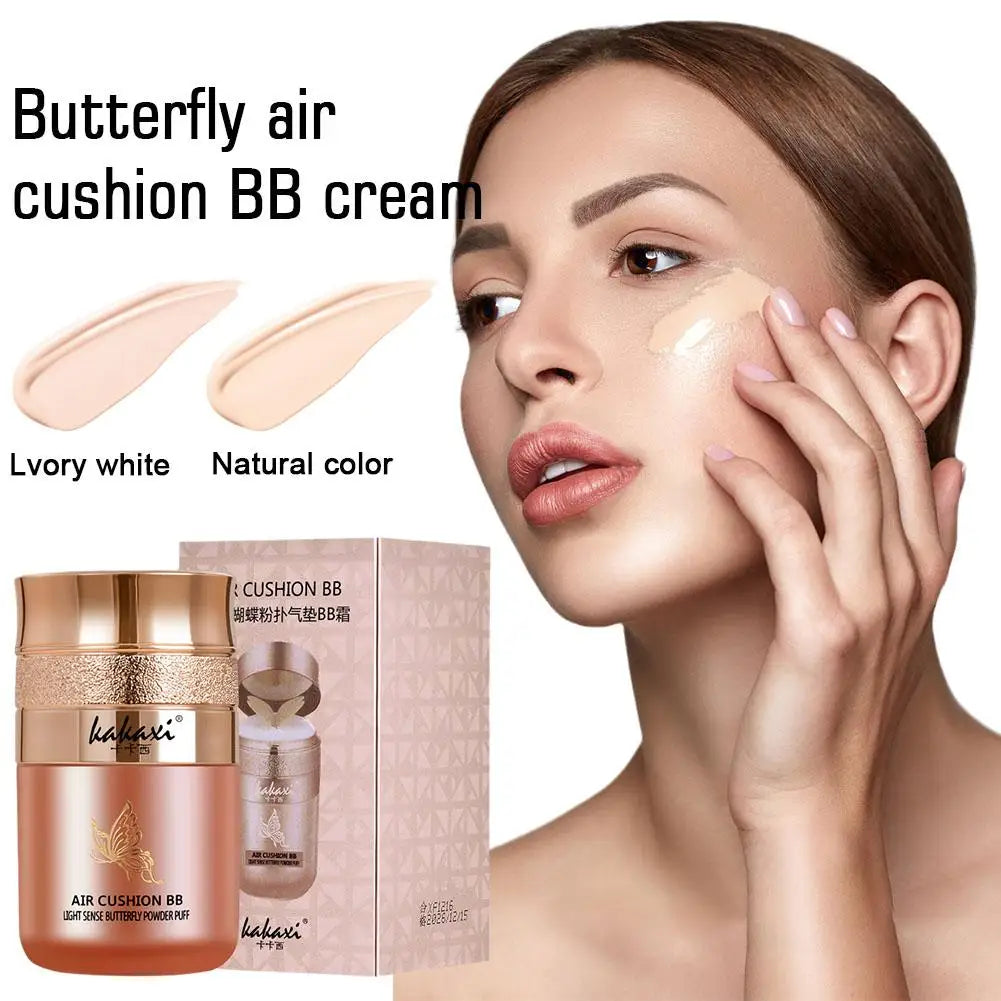 Butterfly Cushion BB Cream,Moisturizing Concealer Makeup Base BB Liquid Foundation,Butterfly Air Cushion Powder Puff CC Cream Qme