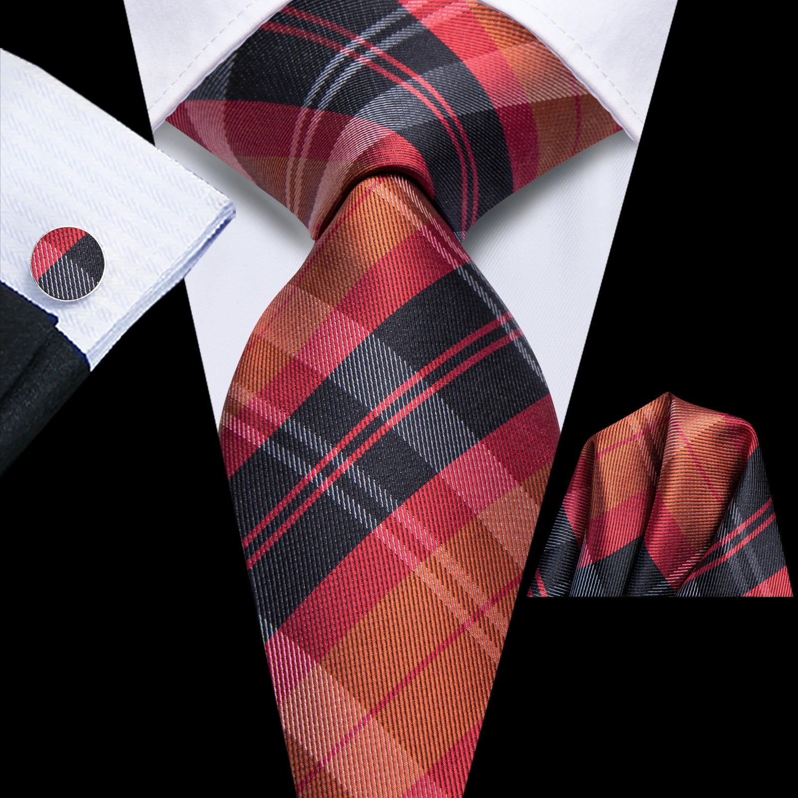 Hi-tie Black Red Heart Plaids Mens Fashion Necktie Handkerchief Qme HT-N-0065