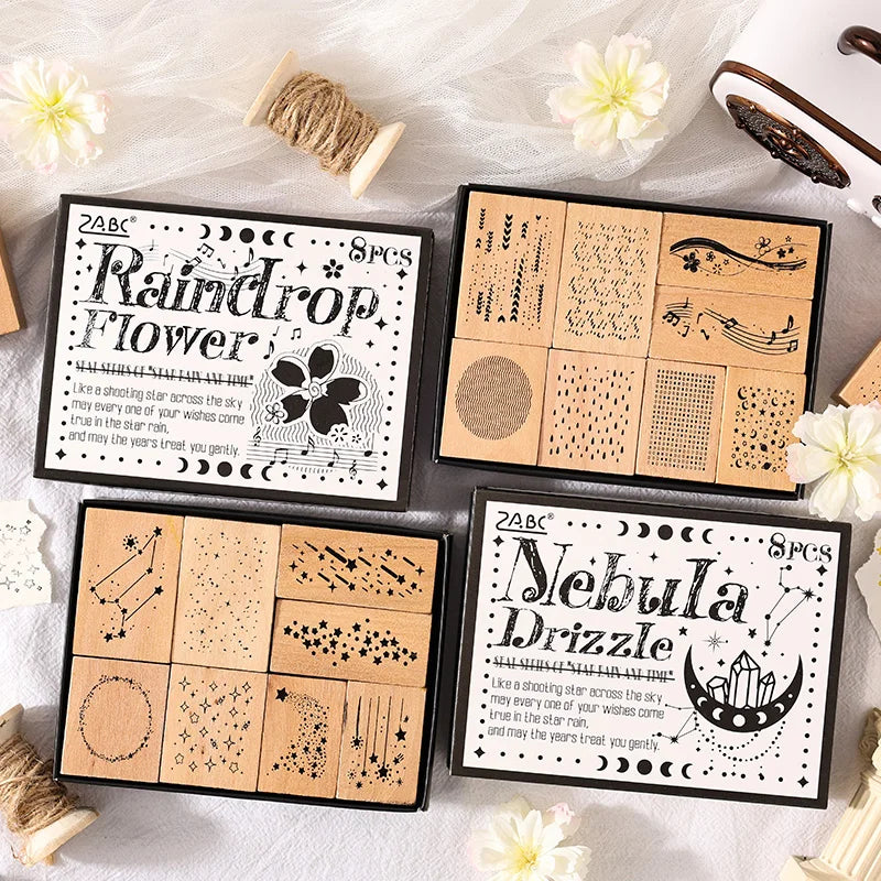 8 pcs Vintage Wooden Rubber Stamp Meteor Shower Theme Printed DIY Decor Scrapbooking Albums Wood Seal Daily Planner Stationery Qme
