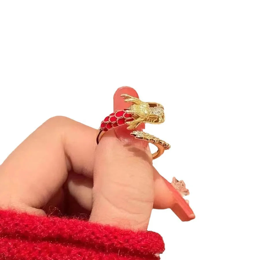 Niche Golden Dragon Shaped Gold Electroplating Attraction Open Ring Lucky Realistic Light Luxury High End Adjustable Jewelry Qme
