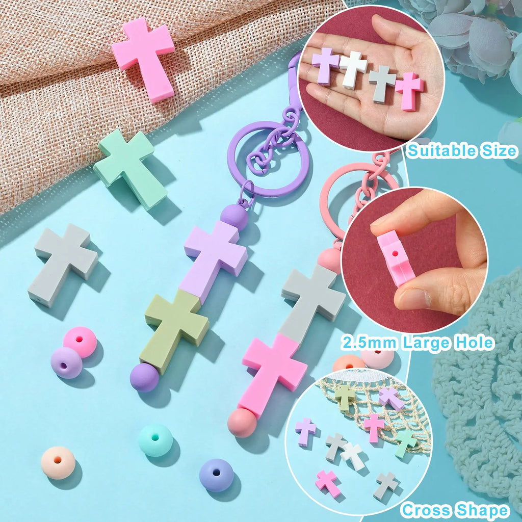 Pandahall 30Pcs 6 Colors Easter Cross Silicone Beads Religion Crucifix Holy Focal Beads for Jewelry Making Supplies Qme