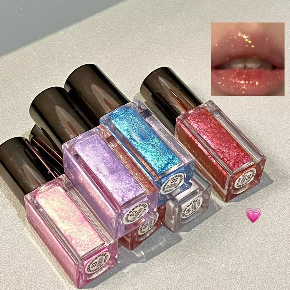  Multichrome Diamond Shimmer Lip Gloss Clear Glitter Metallic Pink Blue Orange Lip Stain Mirror-Shine Gloss 3D Sparkling Lips Qme