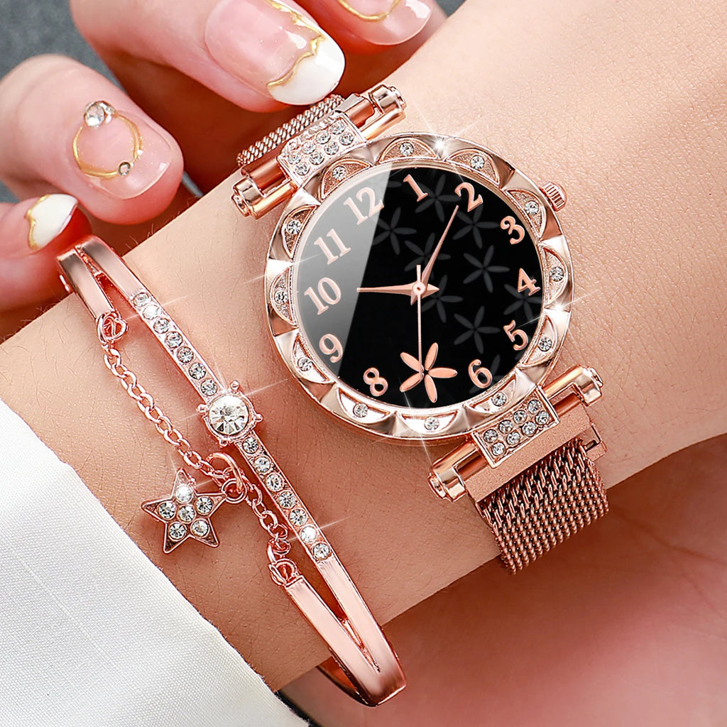 2 pçs/set moda flor dial relógio feminino ímã fivela malha banda relógios de quartzo estrela pulseira conjunto (sem caixa) Qme