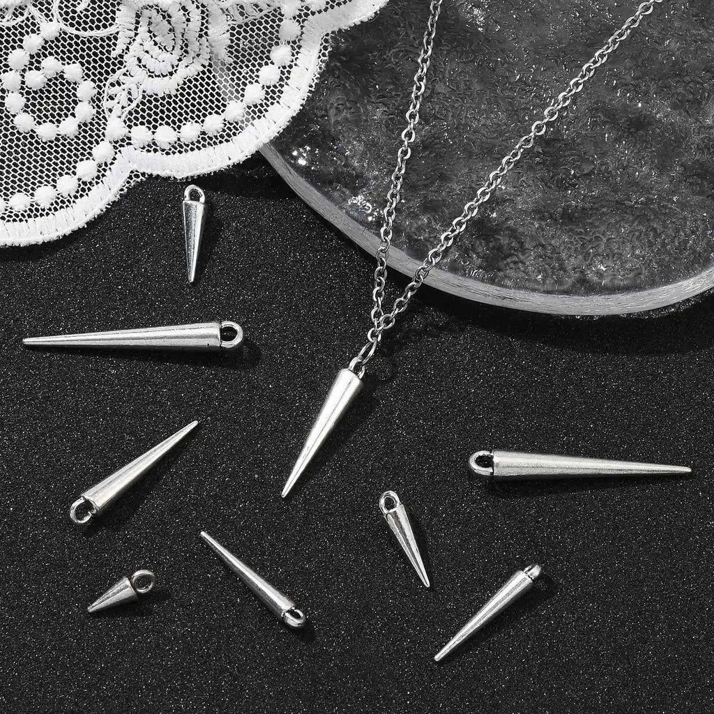 Pandahall 50Pcs 5 Sizes Antique Silver Cone Charms Tibetan Styles Bullet Drop Dangle Earring Charms for DIY Jewelry Making Qme