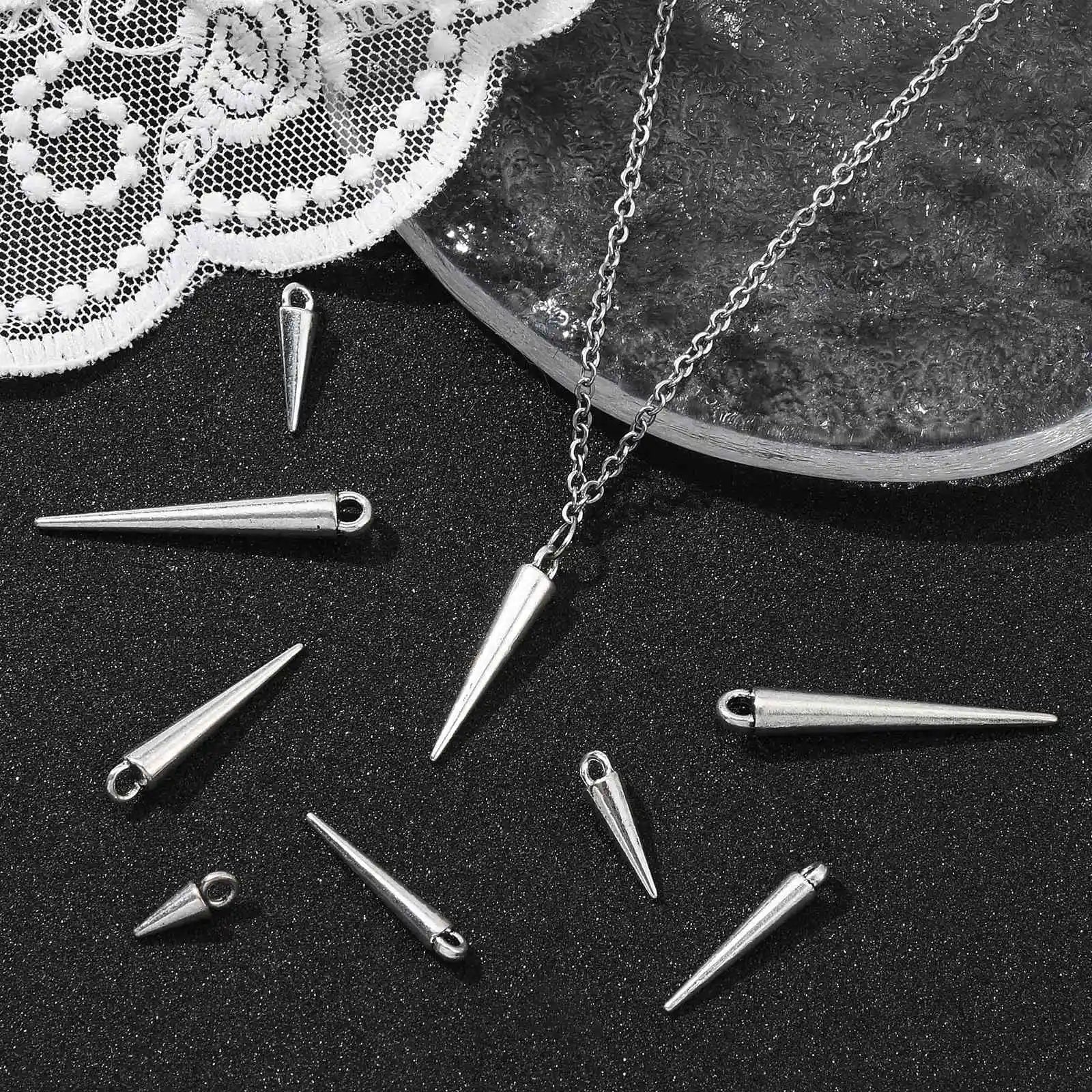 Pandahall 50Pcs 5 Sizes Antique Silver Cone Charms Tibetan Styles Bullet Drop Dangle Earring Charms for DIY Jewelry Making Qme