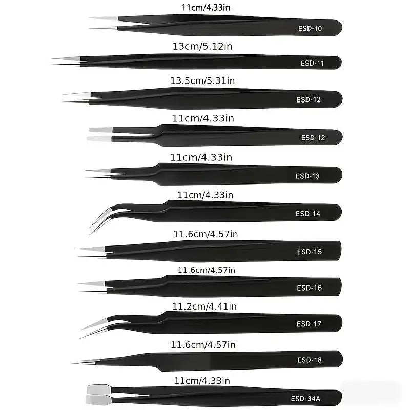 Anti-Static Stainless Steel Precision Tweezers Set: Industrial-Grade for Electronics Repair, Model Making & Delicate Home Tasks Qme
