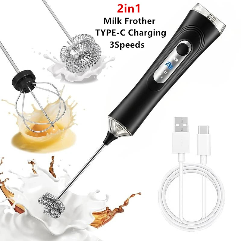 Electric Milk Frother Foamer + Egg Beater Wireless Type-C Charging 3 Speeds Mini Handheld Foam Maker Coffee Whisk Cooking Tools Qme