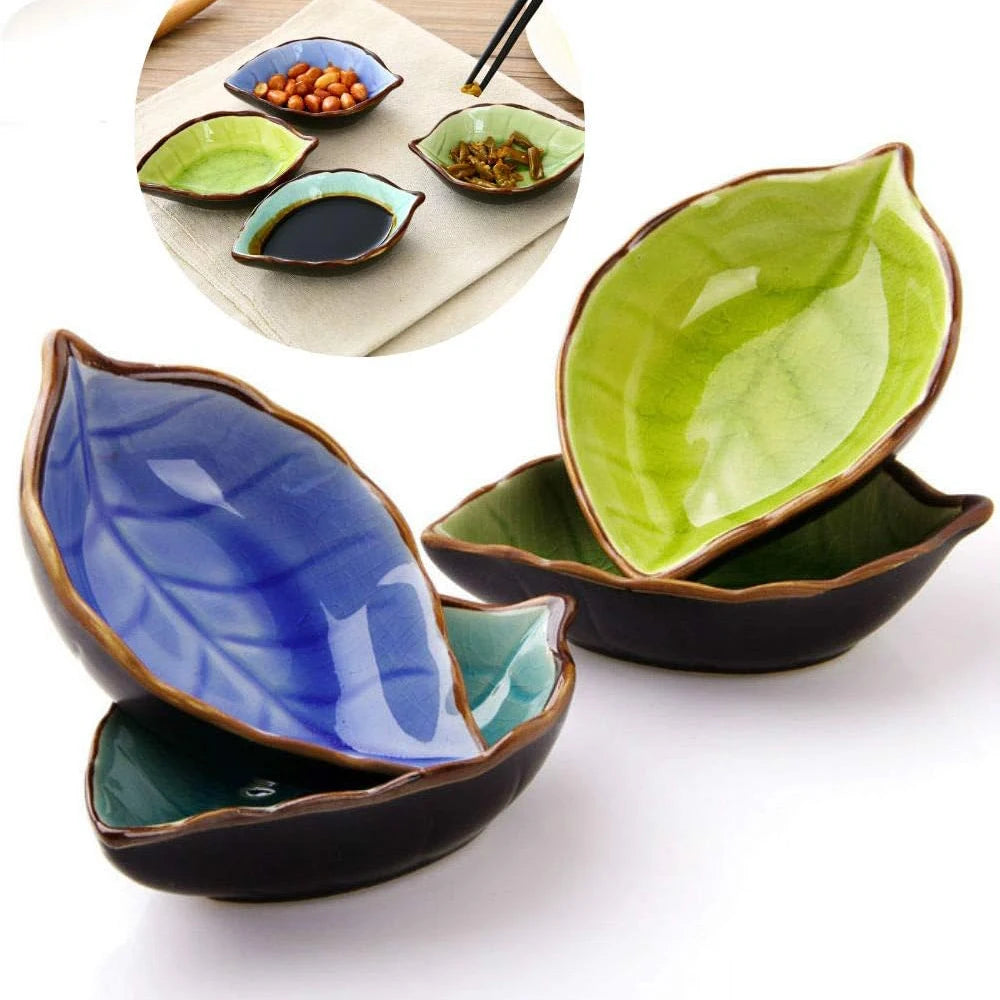 1/4PCS Leaves Ceramic Saucer Creative Ice Crack Glaze Leaf Ceramic Seasoning Soy Sauce Vinegar Plates Kitchen Multi-Purpose Dish Qme