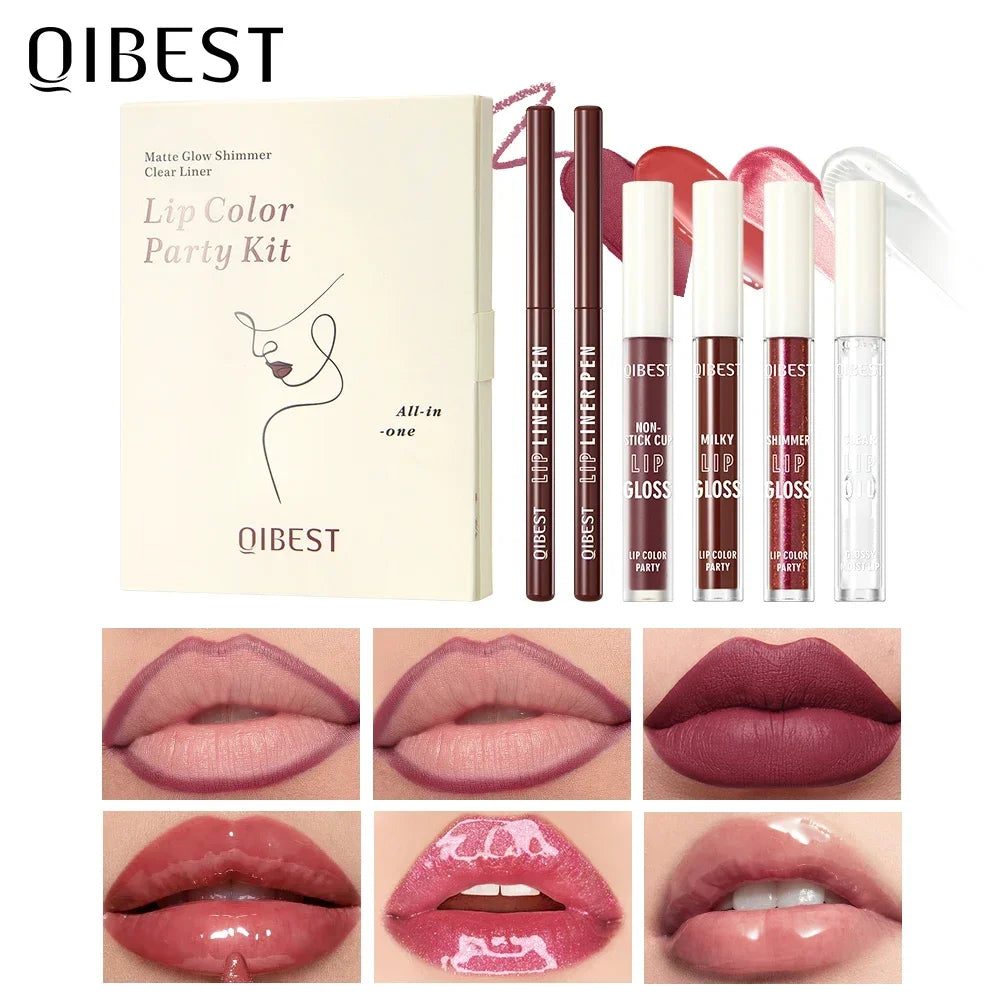 QIBEST Multi-Use Lip Makeup Sets Include 2 Lipliner,1 Liquid Lipstick,2 Mirror Lip Glaze And 1 Lip Oil Cosmetics Lipgloss Tint Qme 05