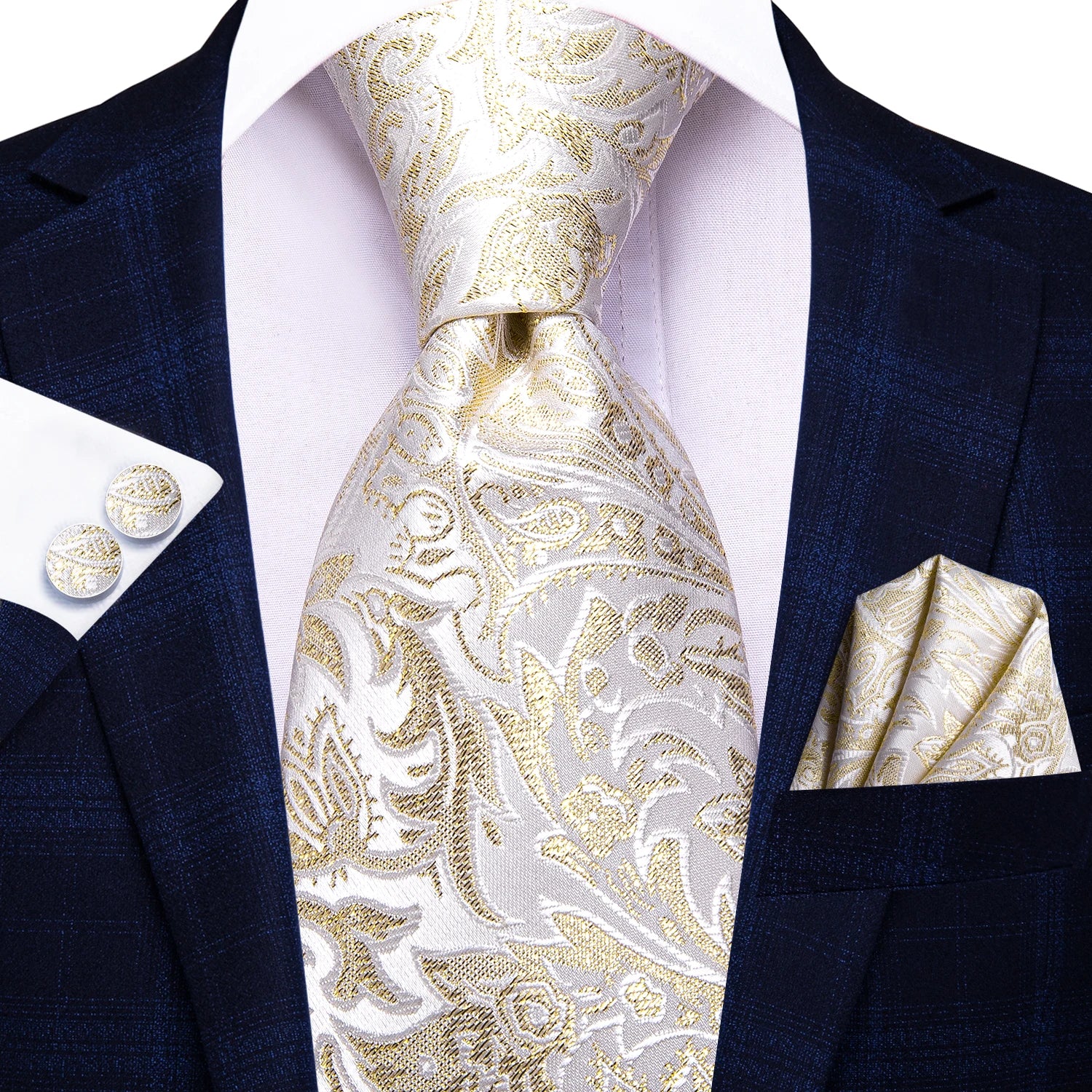 Hi-tie Floral Champagne Ivory Mens Elegant Necktie Handkerchief Qme N-3350