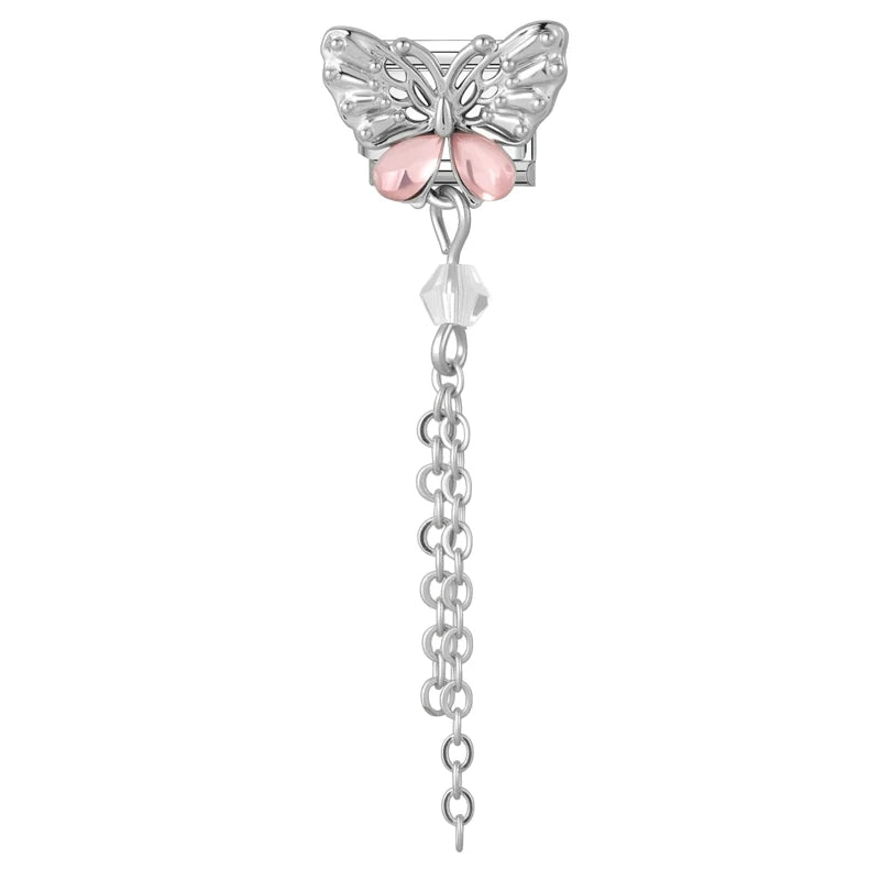 Women Men New Colorful Butterfly Zircon Long Pearl Tassel Chain Italian Charms Fit 9mm Stainless Steel Bracelet DIY Jewelry Gift Qme Style 3