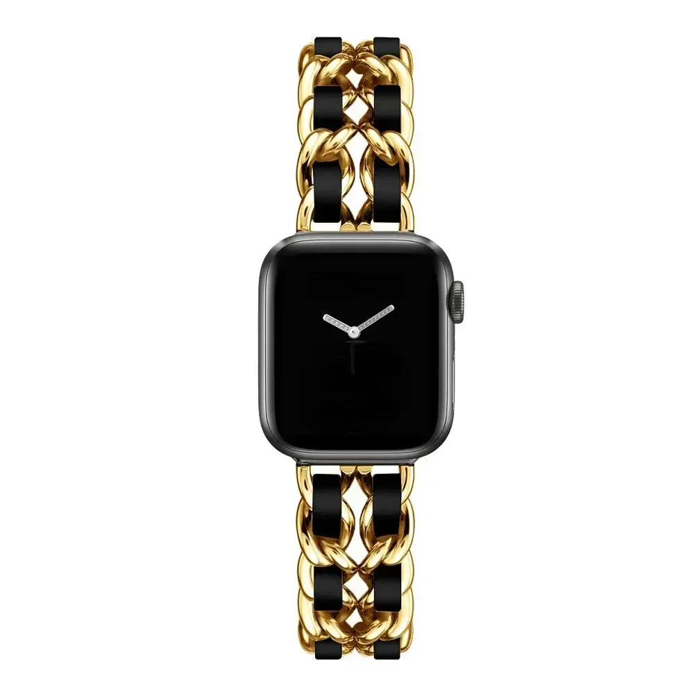 Luxury Metal Denim Strap For Apple Watch Band Ultra 2 1 49mm 41 45mm 38 42mm 44 40mm Bracelet For iWatch 9 8 7 SE 6 5 4 3 Women Qme Gold Black 42mm 44mm 45mm 49mm