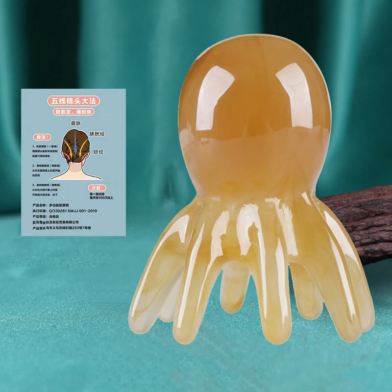 Resin Octopus Massage Comb Head Meridian Scraping Scalp Brush Qme Brown 1