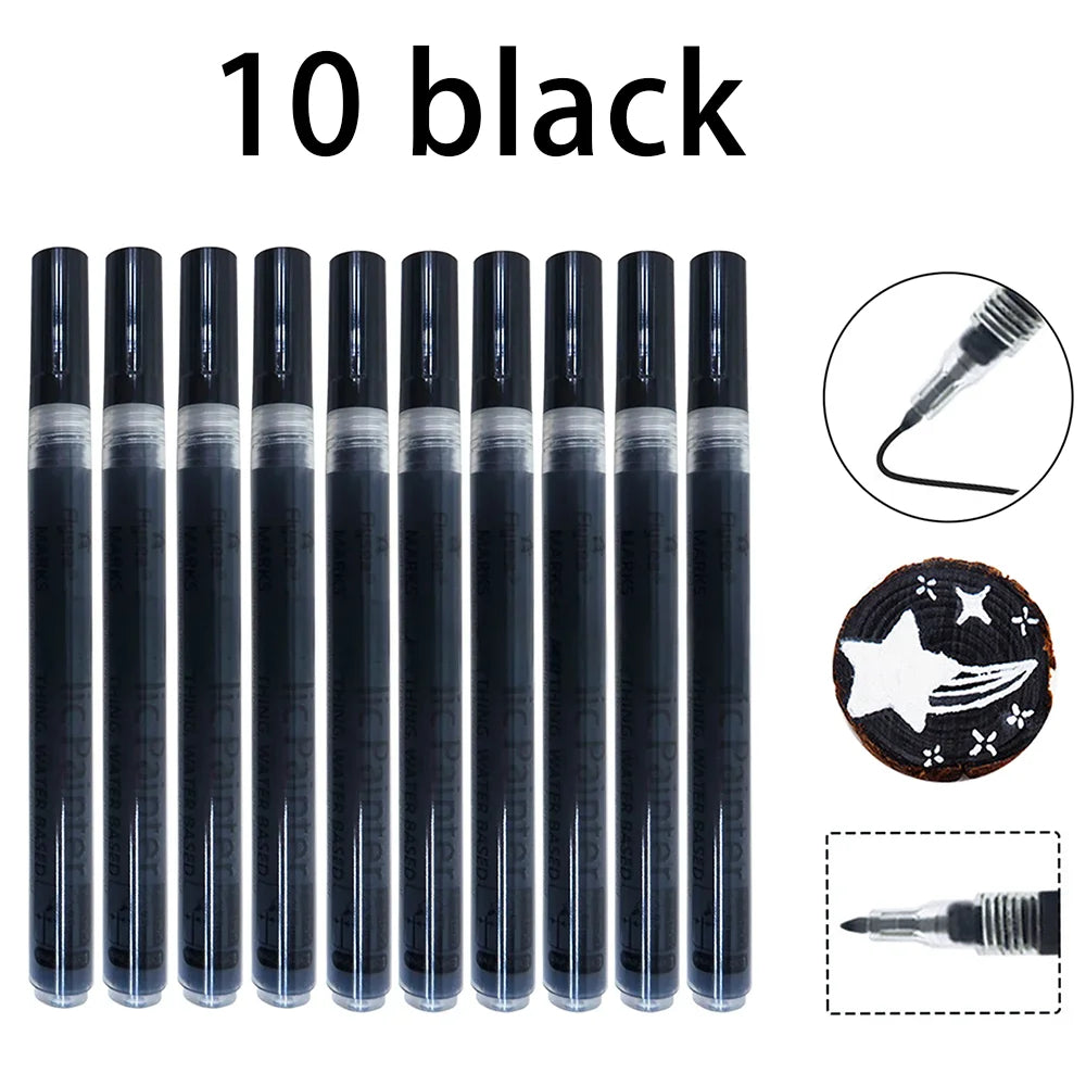 6/10 Pcs/set Black White Acrylic Paint Pen Waterproof Permanent Marker for Rock Stone Ceramic Glass Fabric Canvas DIY Craft Qme 10 Black