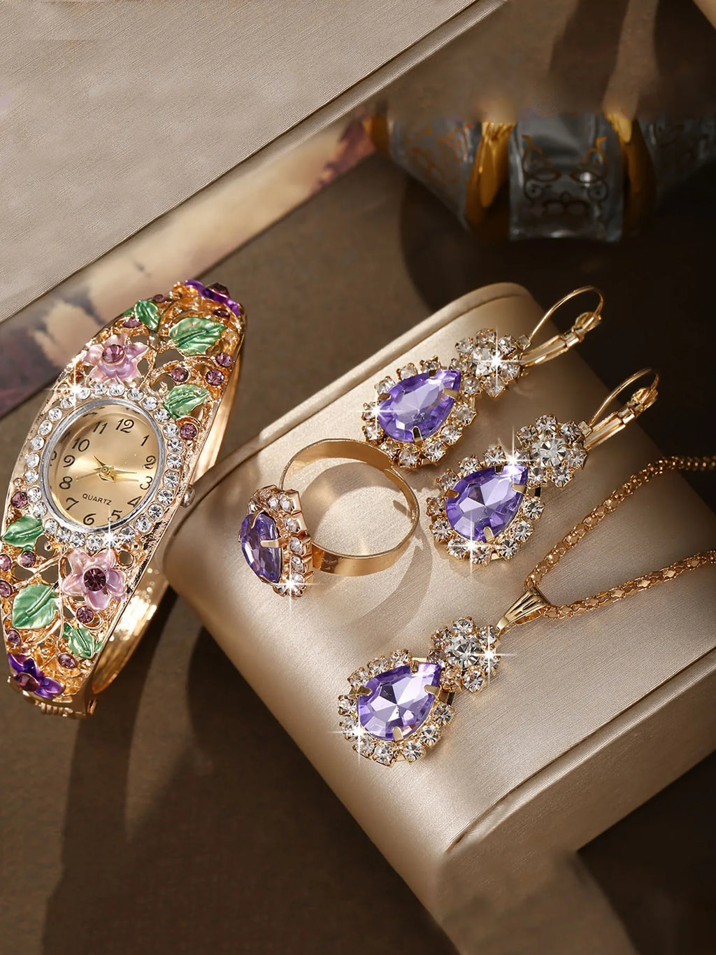 Elegant Purple Crystal Gemstone Wrist Watch Jewelry Set, All-match Ladies Accessory Gift for Wedding Party Qme SKY BLUE