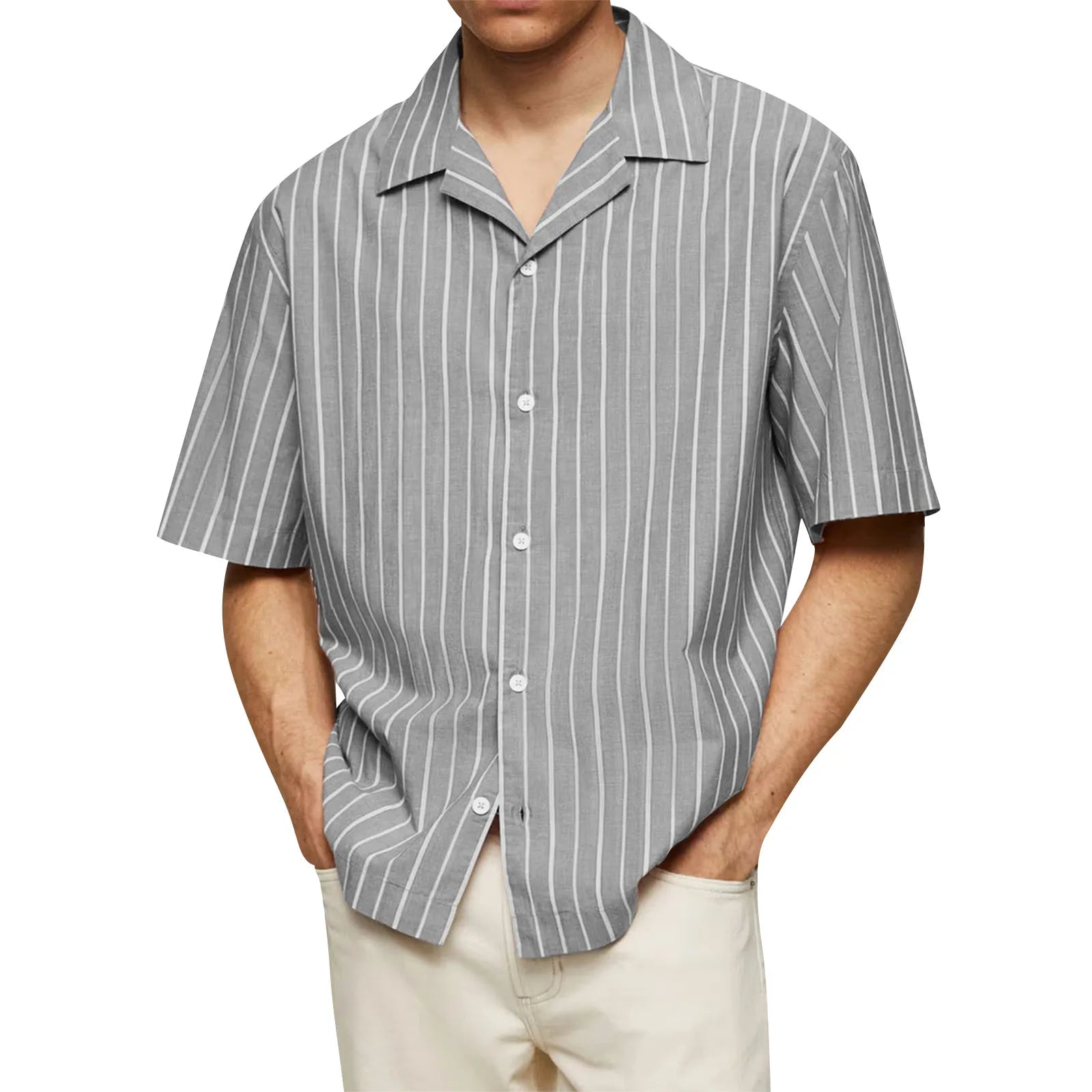 Male Fashionable Stripped Patchwork Retro Business And Daily Half Sleeved Summer Cardigan With Buttons Basics And Versatile Qme Gray XL