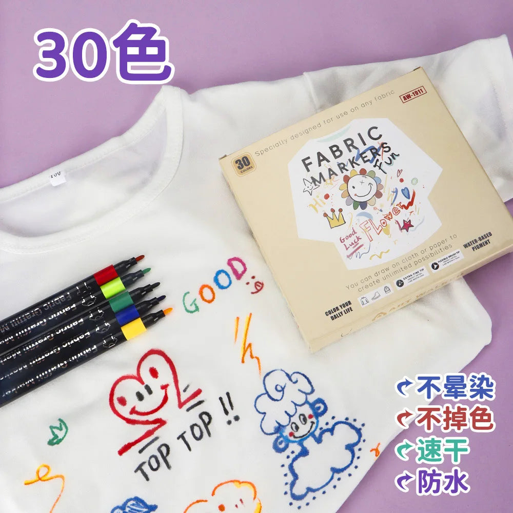 6-30 Colors Fabric Markers - Fine Tip Fabric Markers Permanent for Clothes - No Bleed Pens for T-Shirts, Bags, Textile, Canvas Qme 30 colors