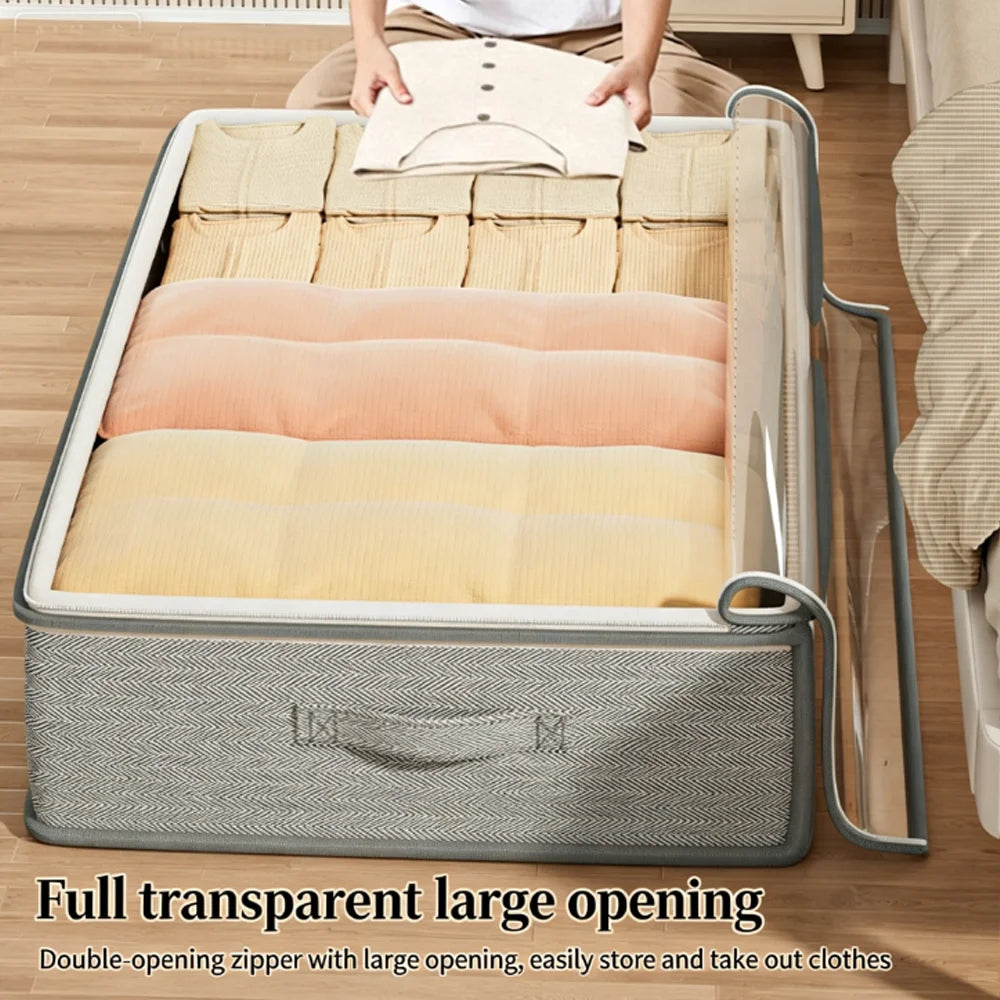Flat Under-Bed Storage Box, Drawer Style Low Profile Organizer for Seasonal Quilts & Clothes, Space Saving Home Container Qme