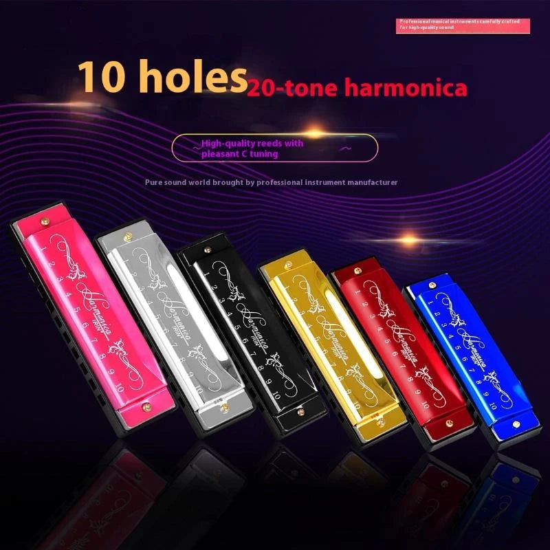 10 Hole 20 Tone Harmonica Woodwind Instrument Red Silver Black ABS Qme
