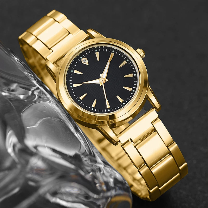 2 pçs moda casal relógios de luxo das mulheres dos homens simples banda aço relógios quartzo reloj mujer (sem caixa) Qme gold