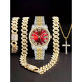 4-in-1 Hip Hop Jewelry Set for Men, Two-tone Iced Out Watch + Cuban Link Chain + Bracelet + Cross Necklace, Gold Silver Tone Qme Rose