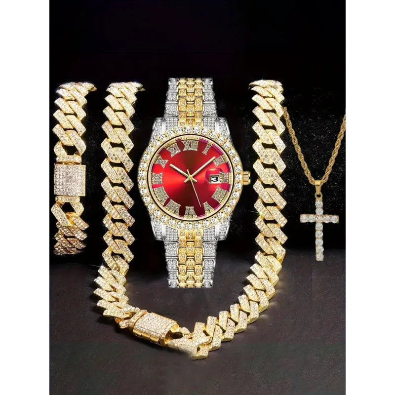 4-in-1 Hip Hop Jewelry Set for Men, Two-tone Iced Out Watch + Cuban Link Chain + Bracelet + Cross Necklace, Gold Silver Tone Qme Rose