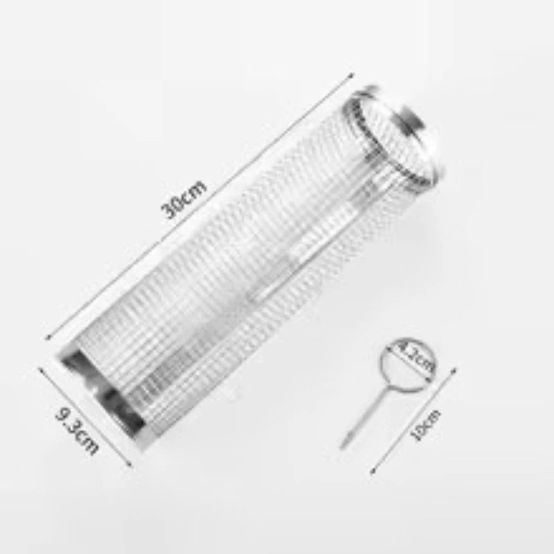 Stainless Steel Cylinder Rolling Grilling Basket Portable Round BBQ Rack Wire Mesh Barbecue Grate for Outdoor Camping Picnic Qme