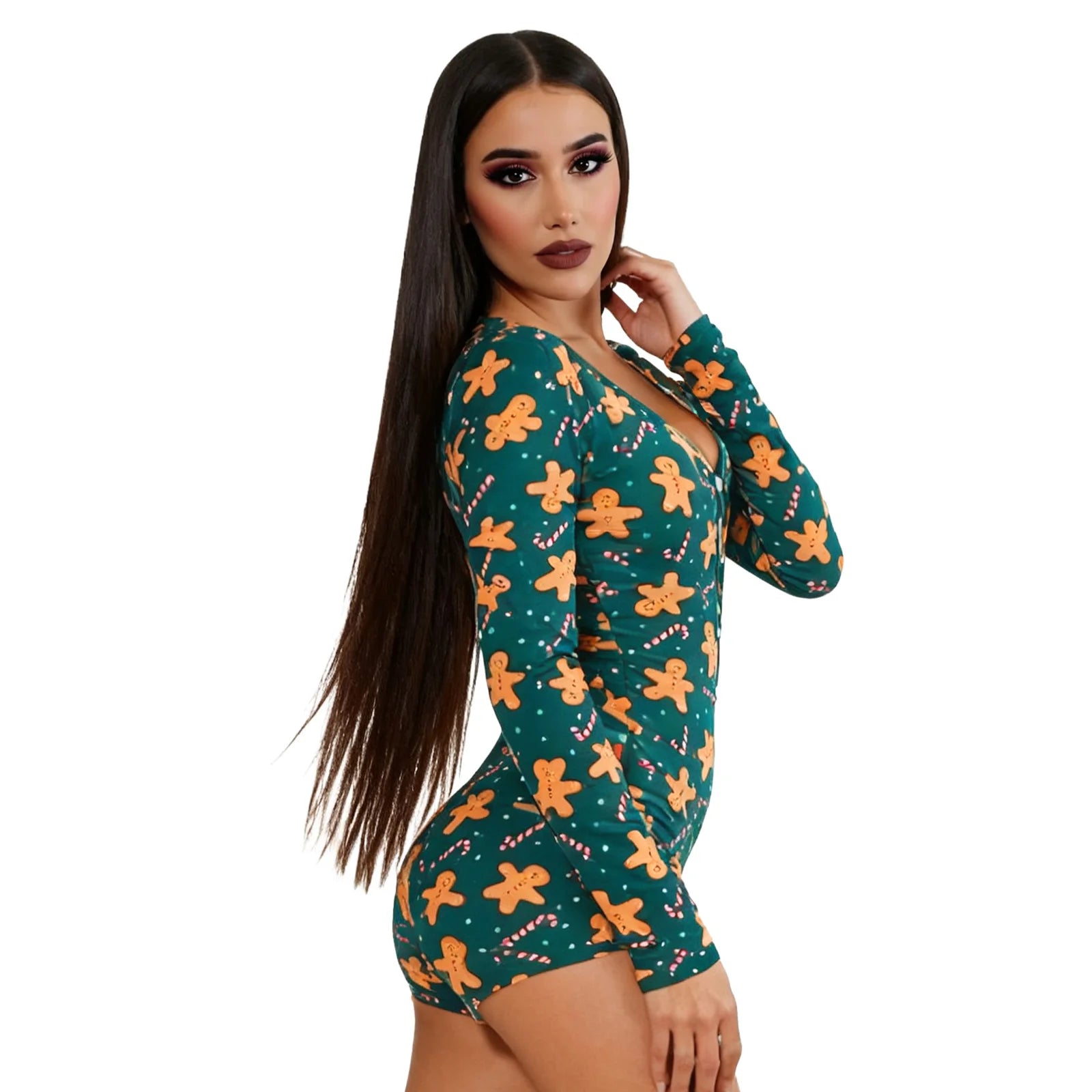 Women's Christmas One Piece Long Sleeve Jumpsuit Gingerbread Printed Romper Pajamas V-Neck Shorts Jumpsuit Cosplay Costume Qme