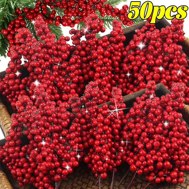 Artificial Berries Branches Christmas Red Holly Berry Stem DIY Flowers Simulation Plant Xmas Tree New Year Party Decor Ornaments Qme